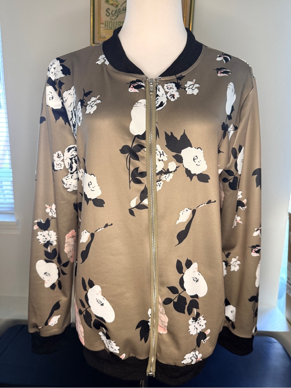 Wish Taupe Floral Satin Bomber Jacket with Black Trim